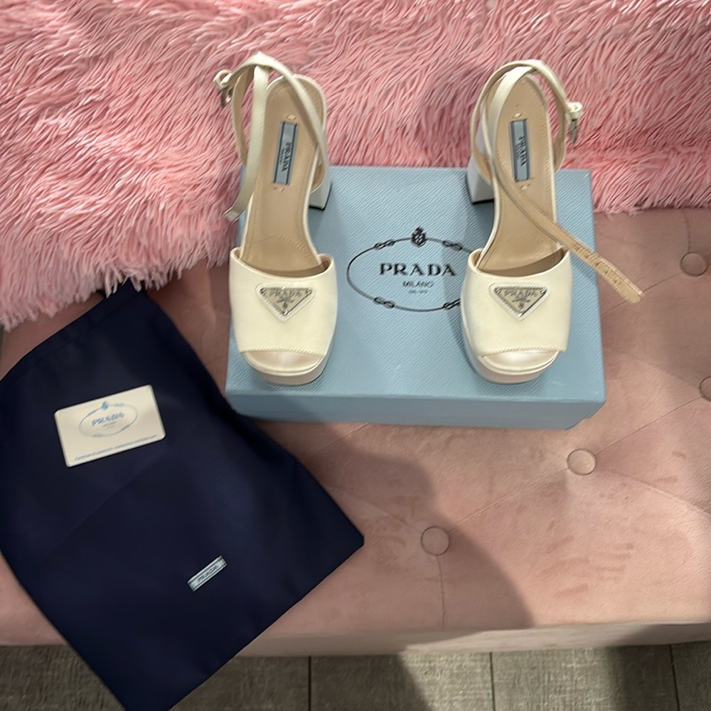 Prada Ivory Platform Sandal Heels with Logo Triangle